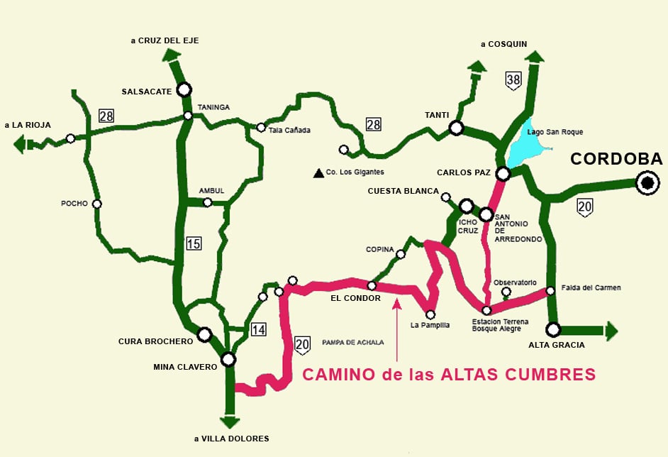 Mapa del Camino de las Altas Cumbres, Córdoba